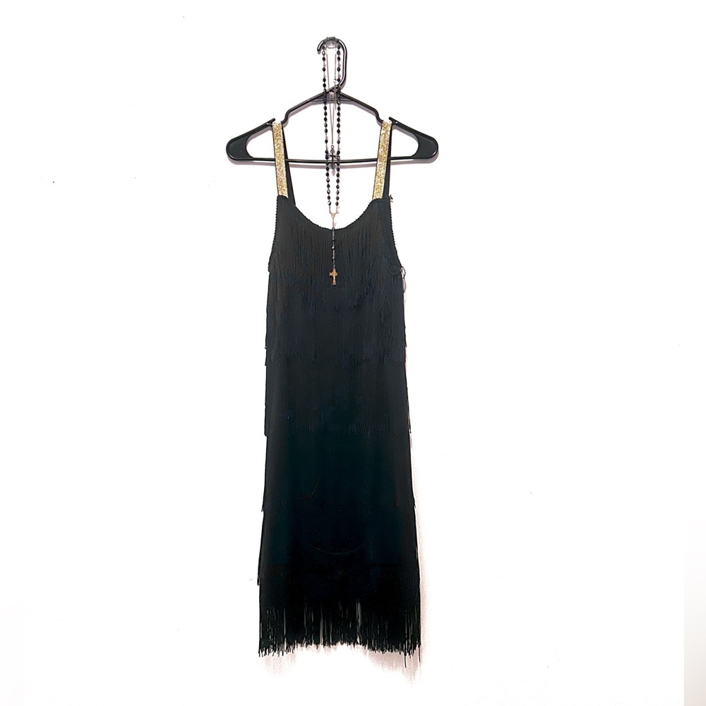 Flapper 1920’s Gilded Age Gatsby black fringe dress costume evening gown